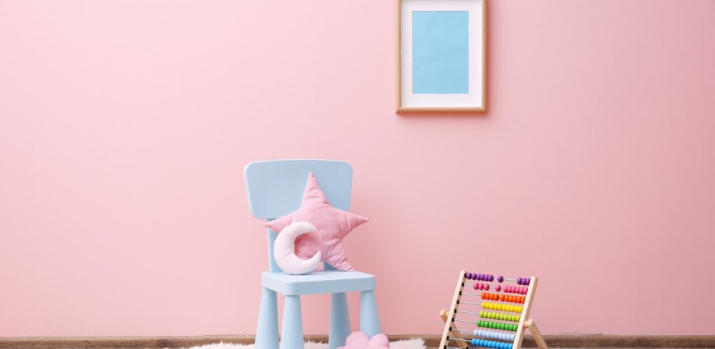 Children's room with bright color wall, interior details